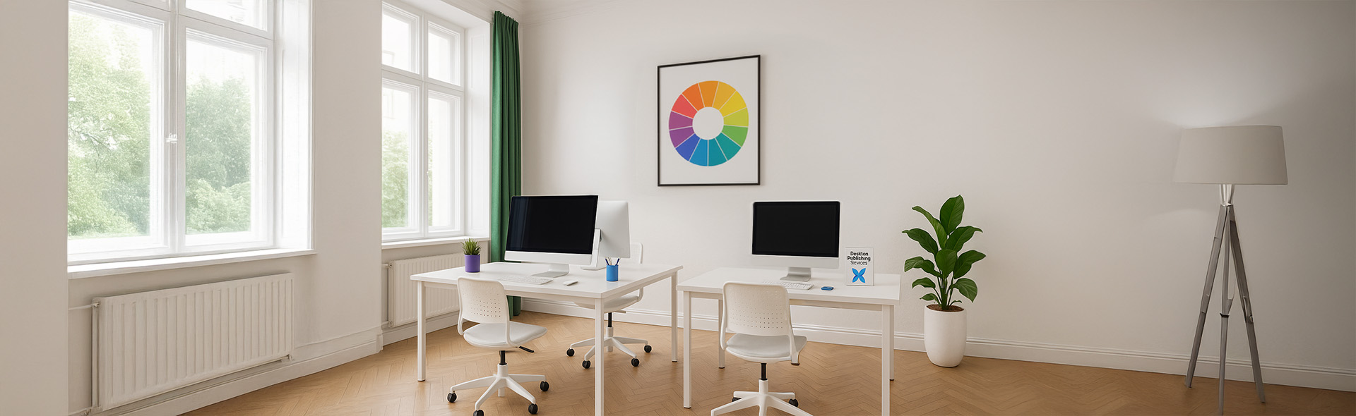 Graphic designer working on a desktop publishing project on computer