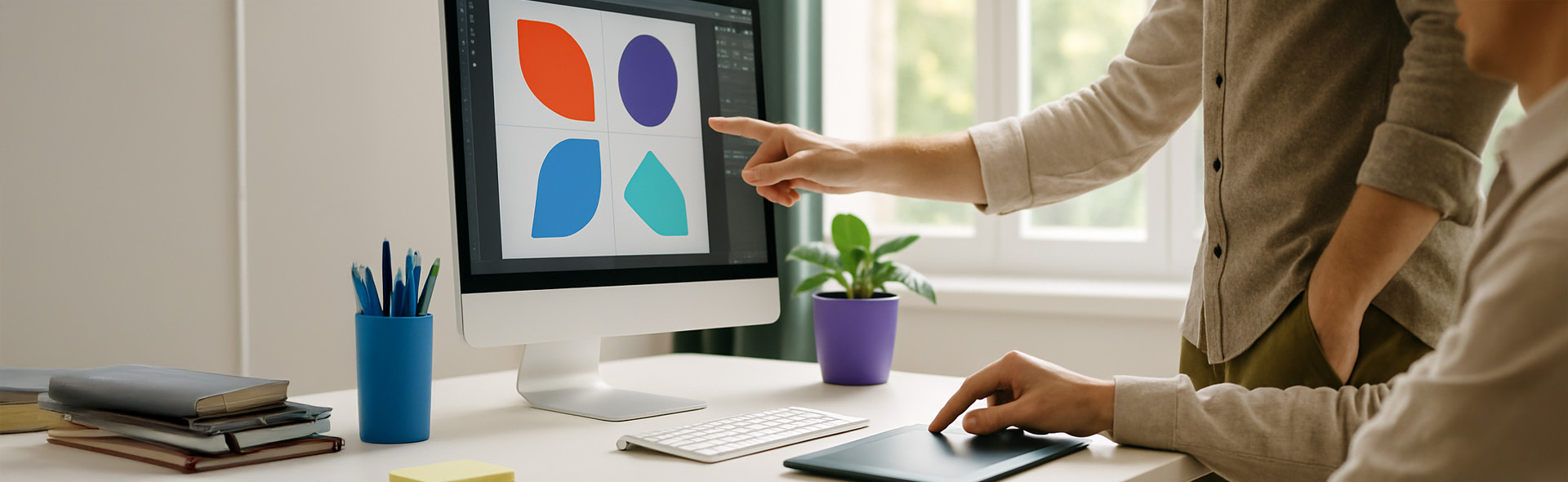 Two people working at desk and pointing at a display