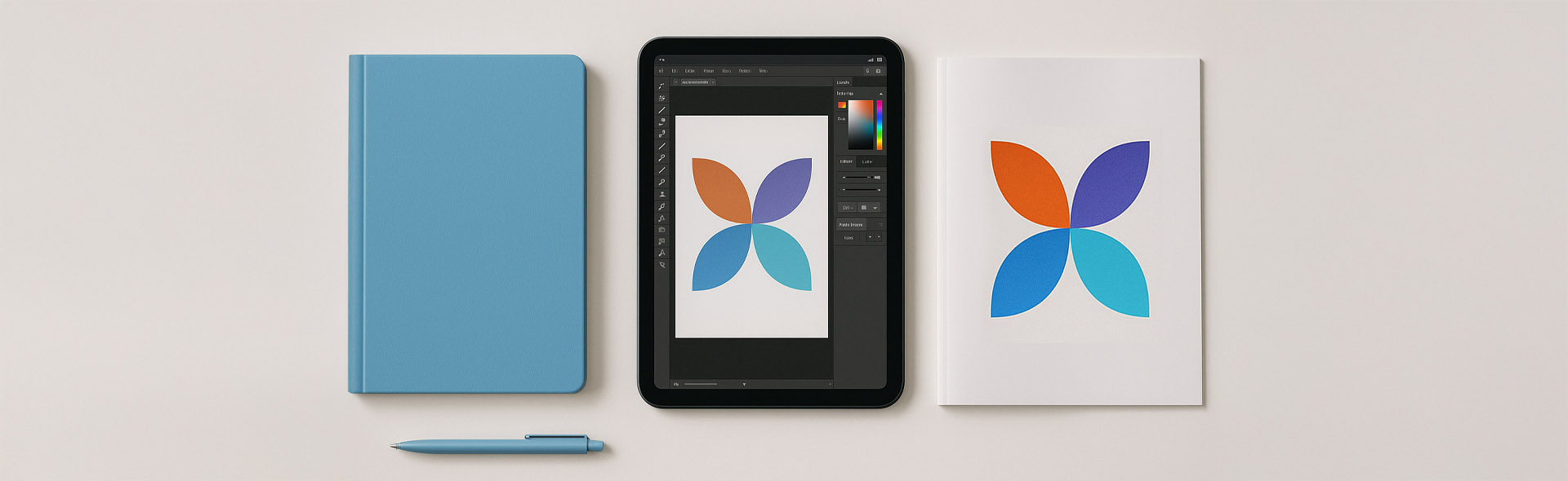 A blue notebook, a pen, a graphic tablet and a printed document on white surface