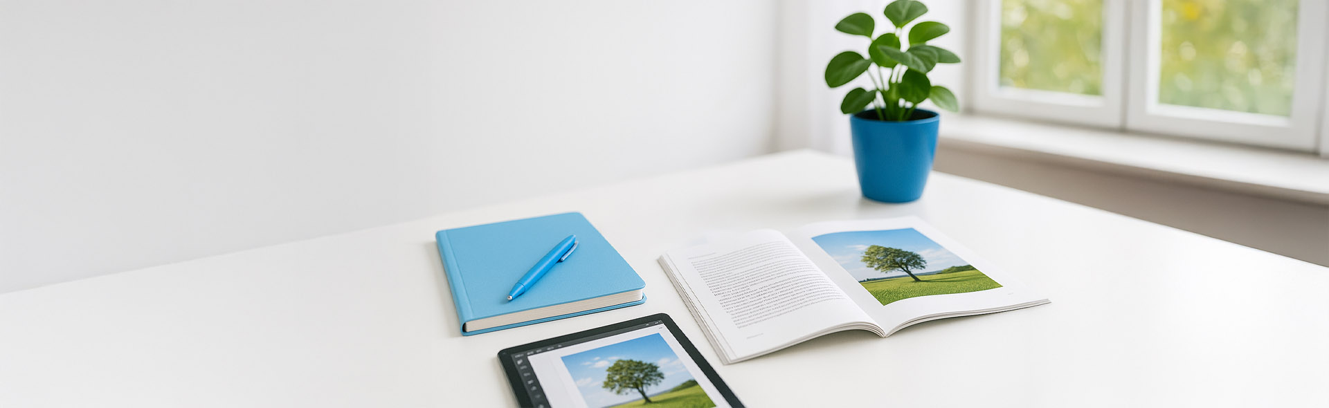 A graphic tablet, blue notebook, blue pen and a magazine showing a picture of a tree on a white table