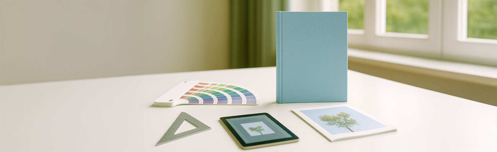 Blue notebook, a color palette, ruler, magazine and tablet on white table