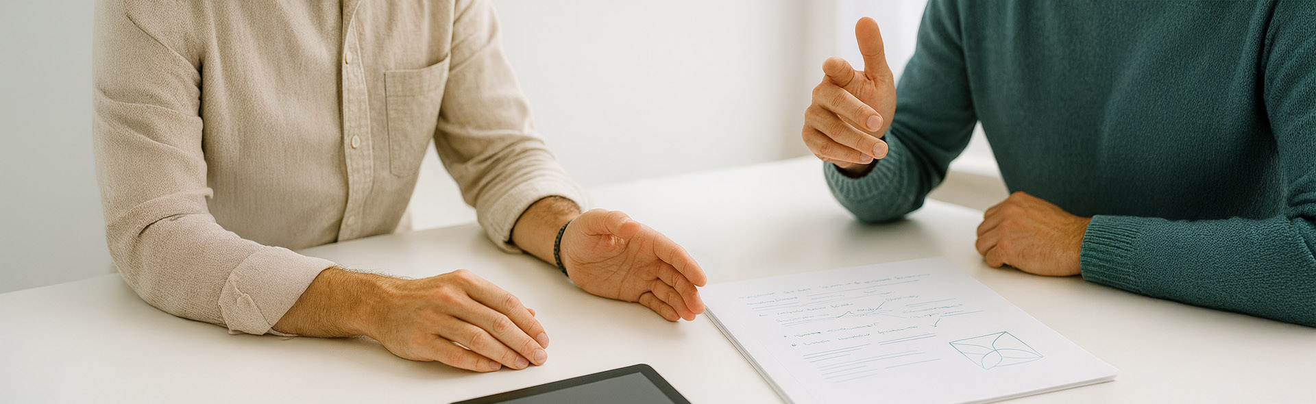 Two people discussing a topic with a tablet and papers with sketches