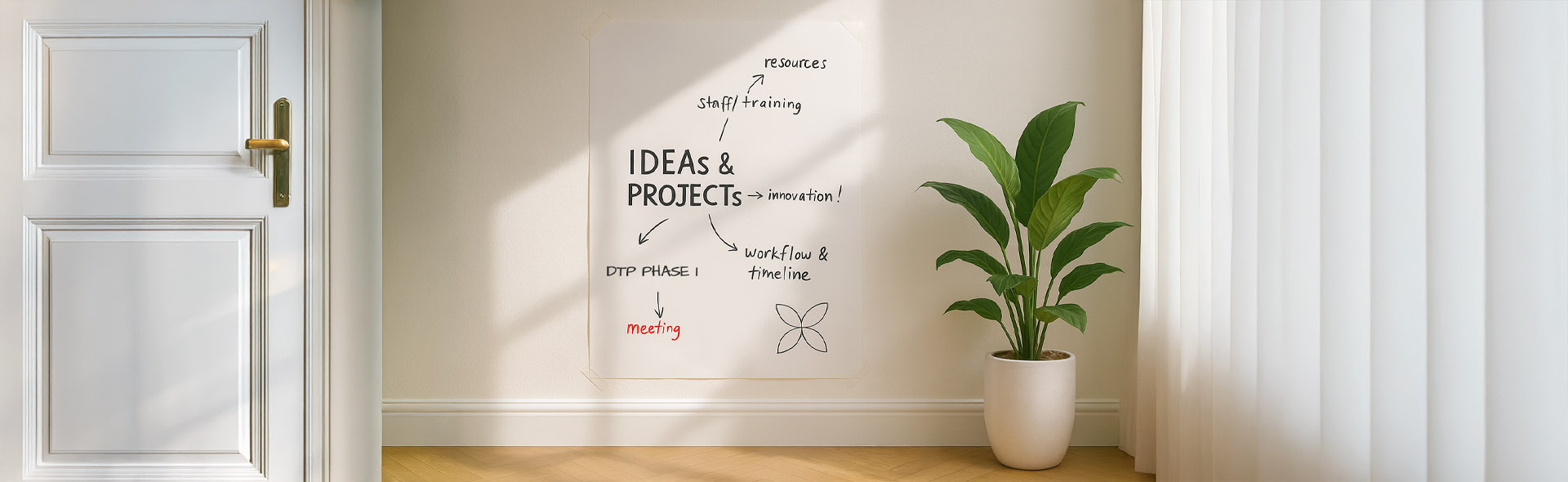 White poster on wall and a white pot with indoor plant