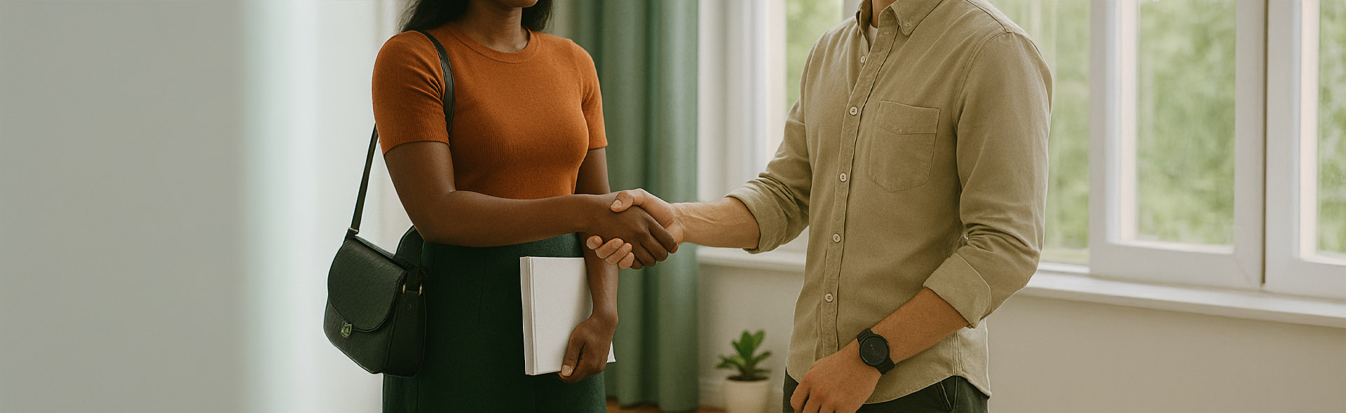 Woman holding a book shaking hands with publisher
