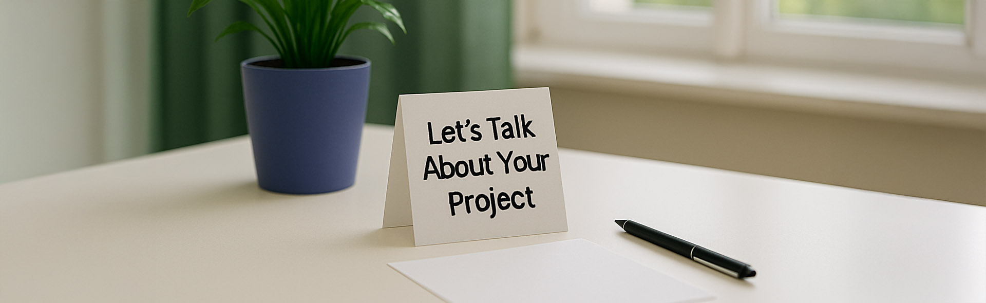 A note that says Let's Talk About Your Project on a white table