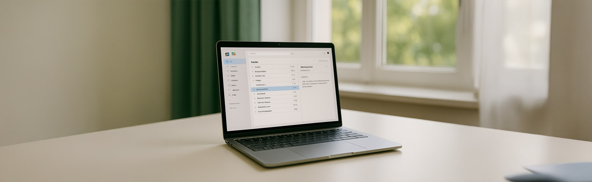 Laptop on white table, green curtain and windows in the background