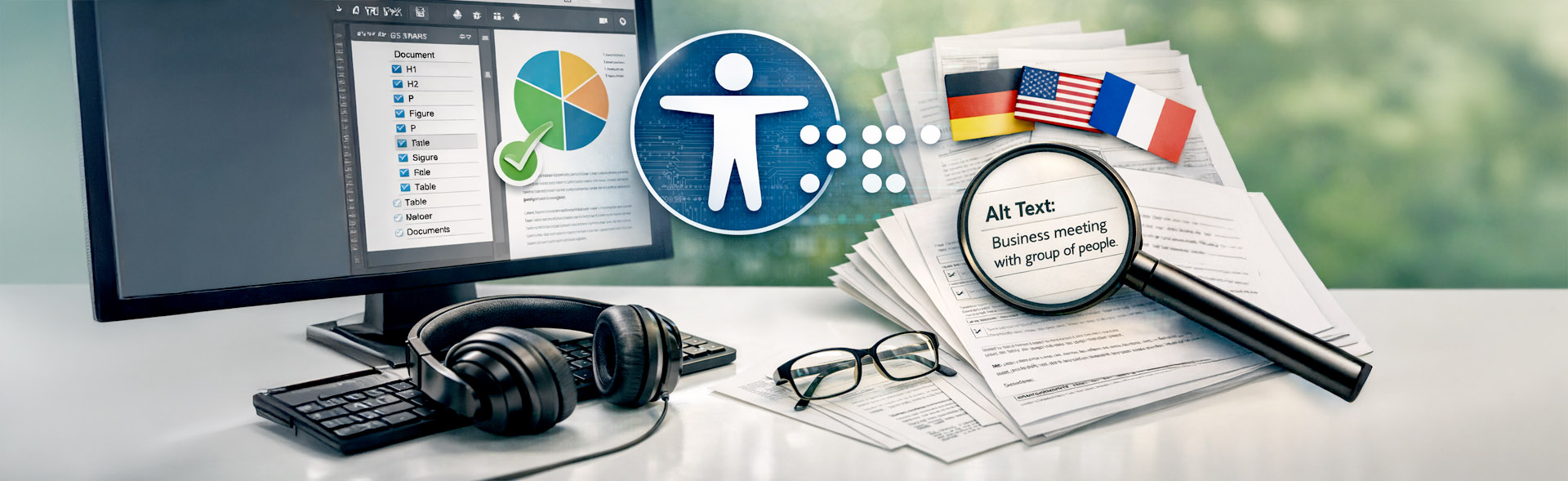 Headset, glasses, computer display and magnifier on table showing accessibility icons