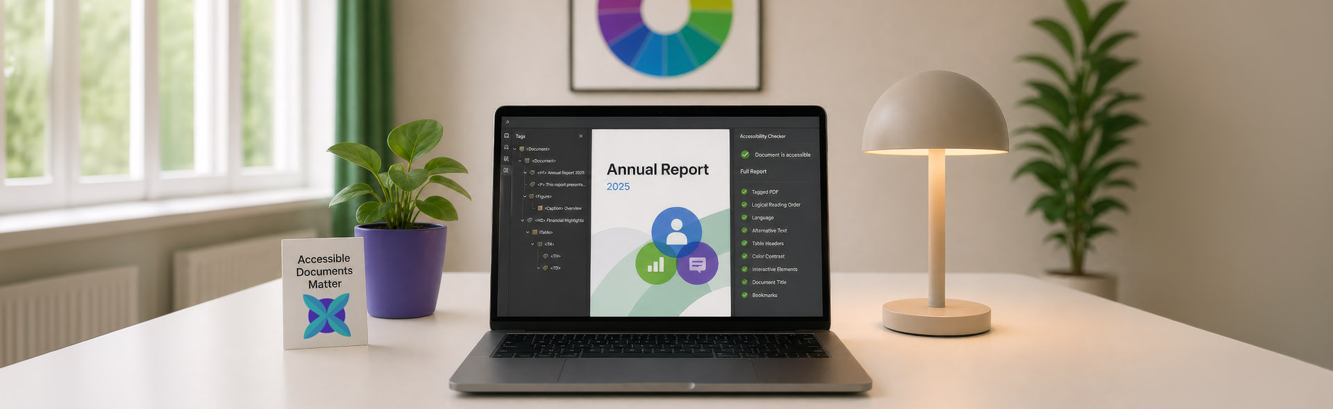 Adobe Acrobat showing PDF tag structure and accessibility checker with all items passed for an annual report document