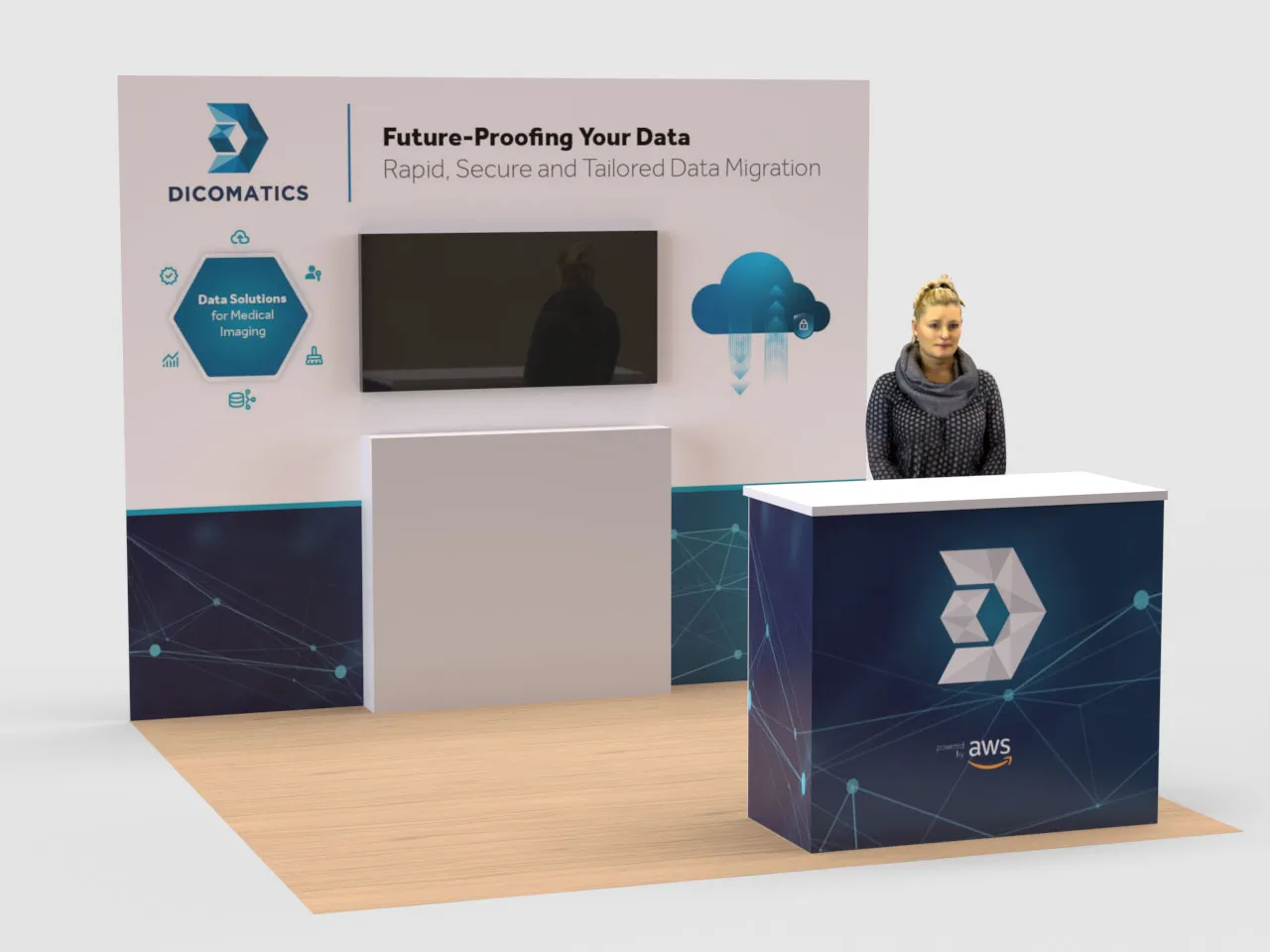DICOMATICS fair booth 3D render showing full booth with backwall, display screen and counter unit