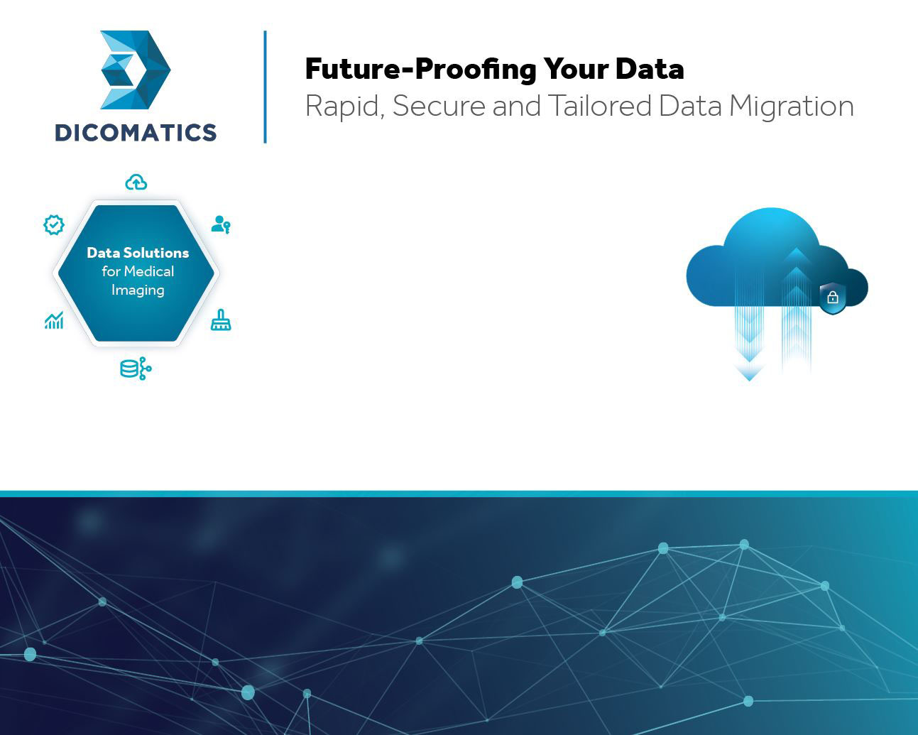 DICOMATICS backwall flat artwork — two-zone layout with hexagonal service diagram and cloud illustration