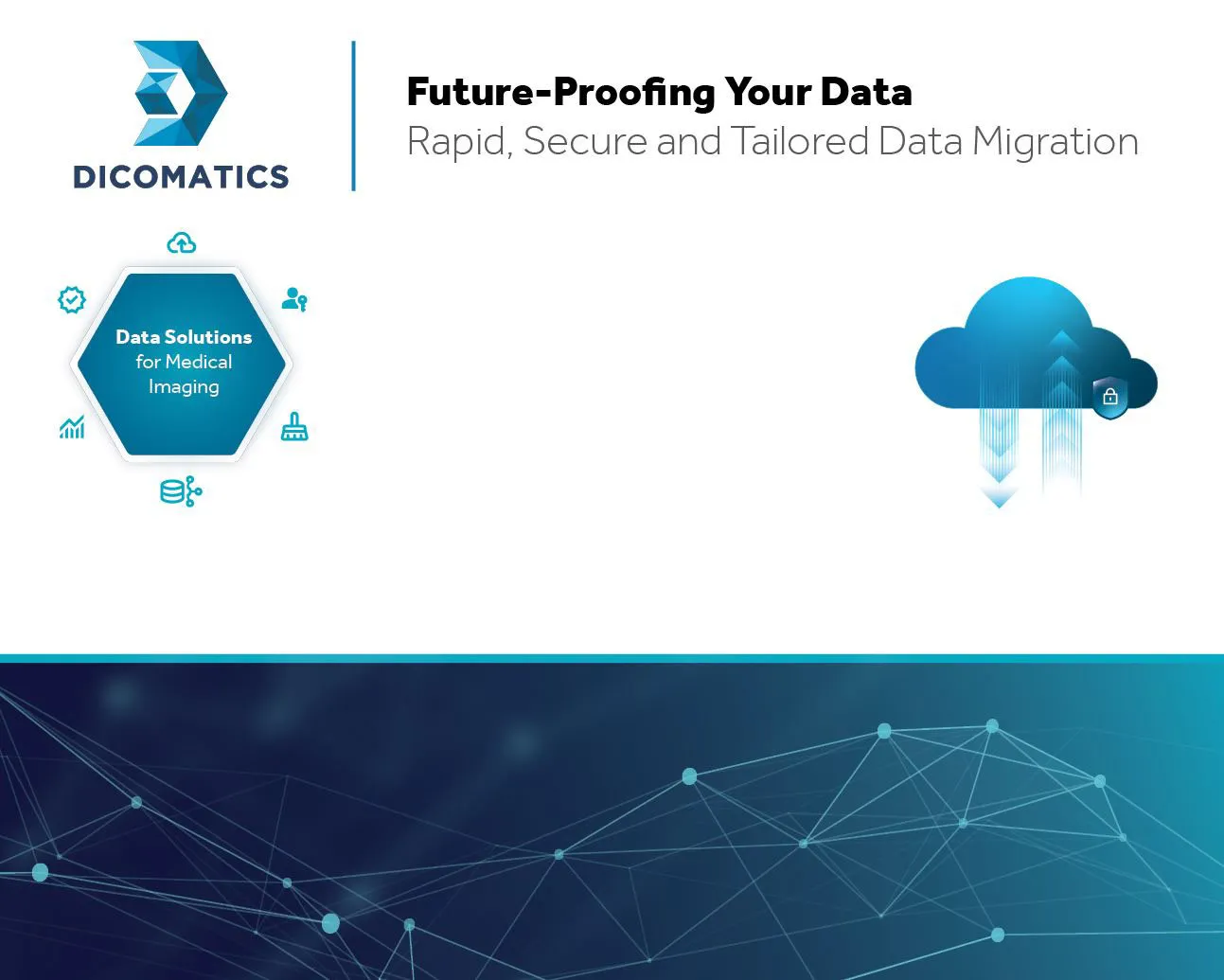 DICOMATICS backwall flat artwork — two-zone layout with hexagonal service diagram and cloud illustration