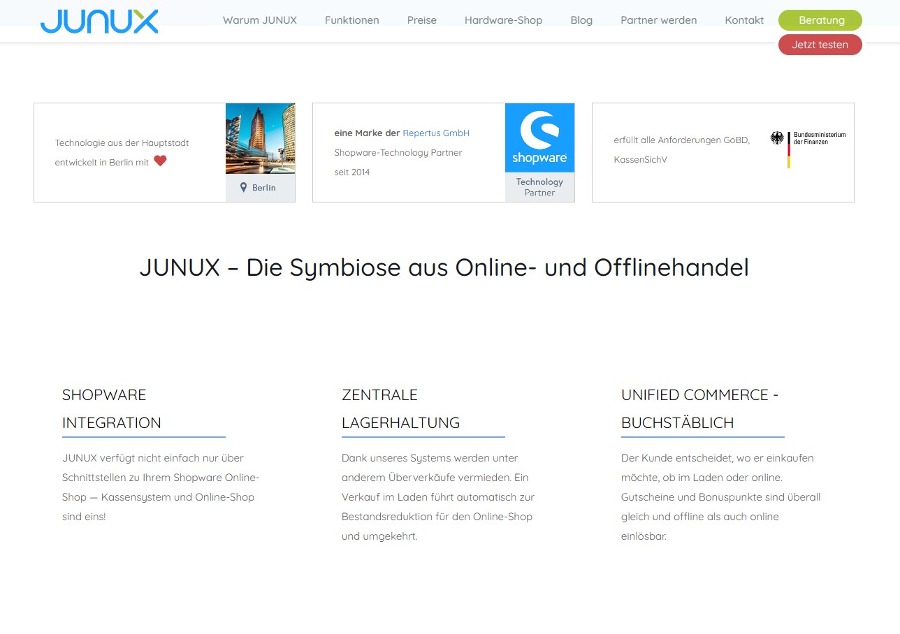 JUNUX website features section