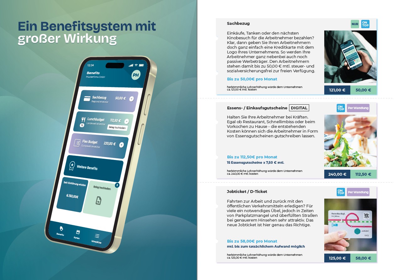 Benefits Manager brochure — app mockup spread