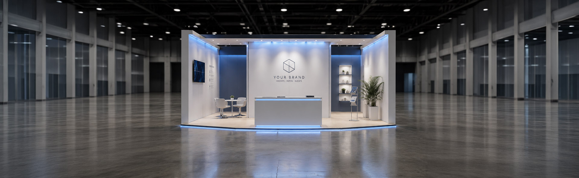 Modern white and blue trade show exhibition booth in an empty hall — fair booth and exhibition stand design