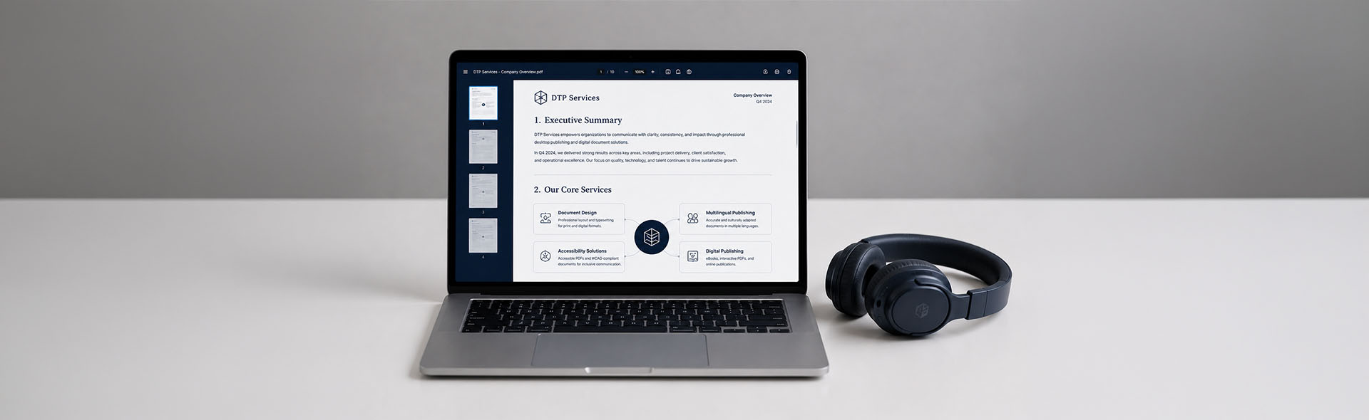 Laptop displaying a structured PDF document with headings and tagged content alongside over-ear headphones — PDF accessibility remediation and screen reader optimisation service