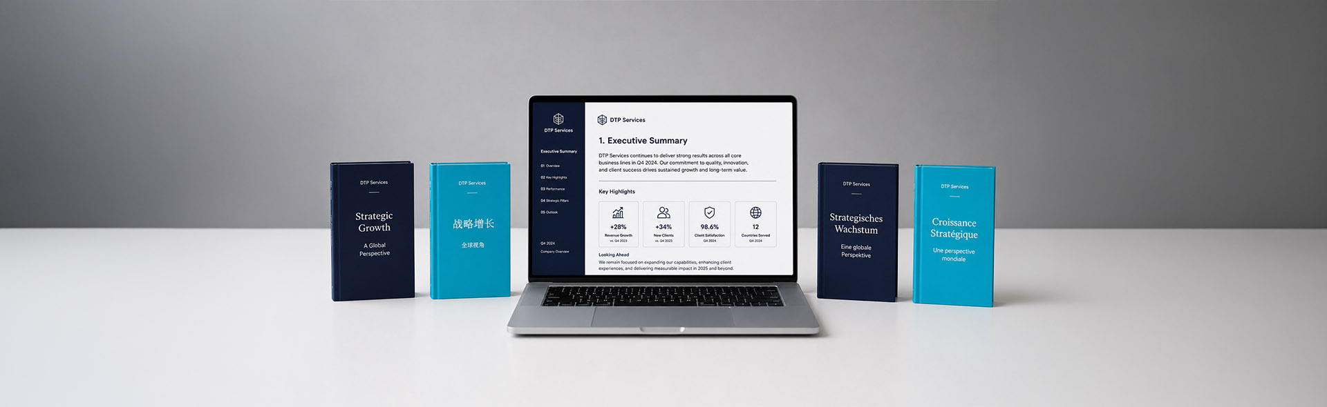 Translated book layout in idml from a desktop publishing DTP project Laptop displaying a professional document layout surrounded by multilingual hardcover books in English, Chinese, German and French — multilingual desktop publishing and book layout services by DTP Services
