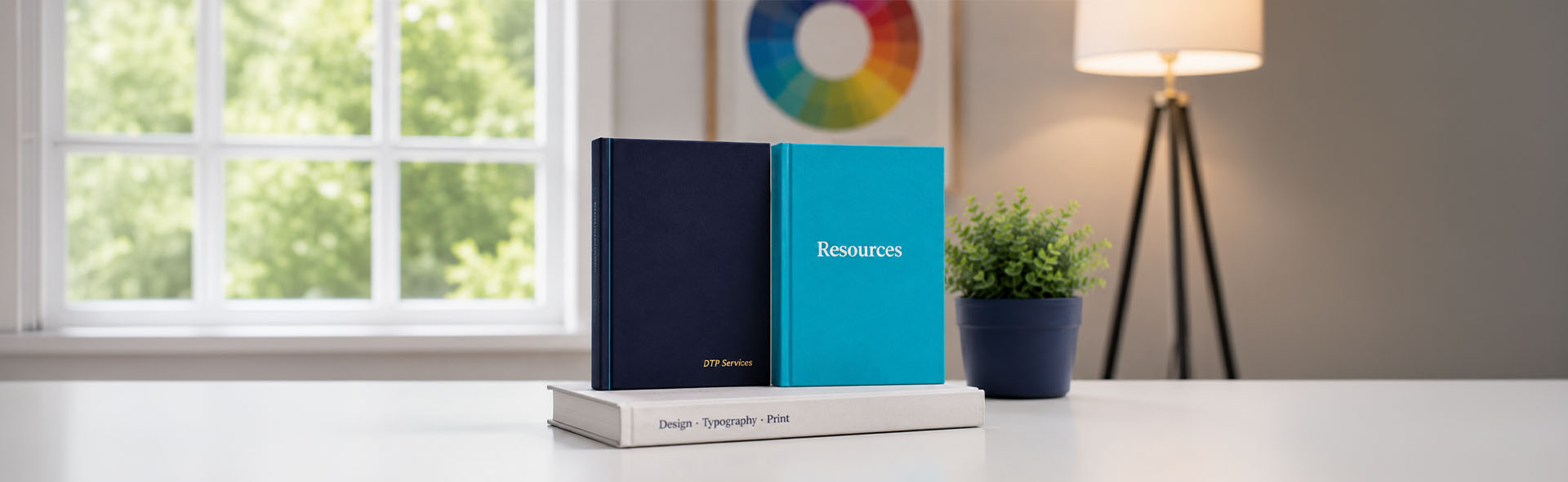 Two hardcover books in navy and cyan-teal on a white desk with a color wheel poster, green plant, and floor lamp in the background — desktop publishing resources and insights by DTP Services