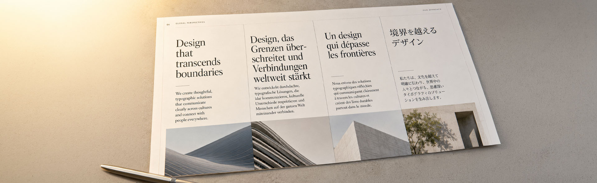A printed brochure spread showing the same headline translated into English, German, French, and Japanese — demonstrating how text expands or contracts differently across languages in a multilingual layout