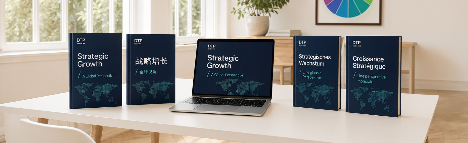 Translated book layout in idml from a desktop publishing DTP project A bright, minimalist office workspace with a white desk displaying four hardcover books in deep navy and teal — titled "Strategic Growth," "战略增长," "Strategisches Wachstum," and "Croissance Stratégique" — flanking an open silver laptop showing the same book cover on screen. All books are branded with "DTP Services." Natural light streams through large windows, a green plant sits in the background, and a vibrant rainbow color wheel is framed on the wall above a light oak herringbone floor.