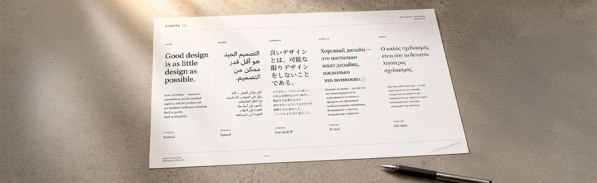 A printed multilingual type specimen sheet showing the same text rendered in five scripts — Latin, Arabic, Japanese, Cyrillic, and Greek — each in a different typeface, with a visible missing glyph marker in the Cyrillic column, illustrating font compatibility issues in multilingual DTP
