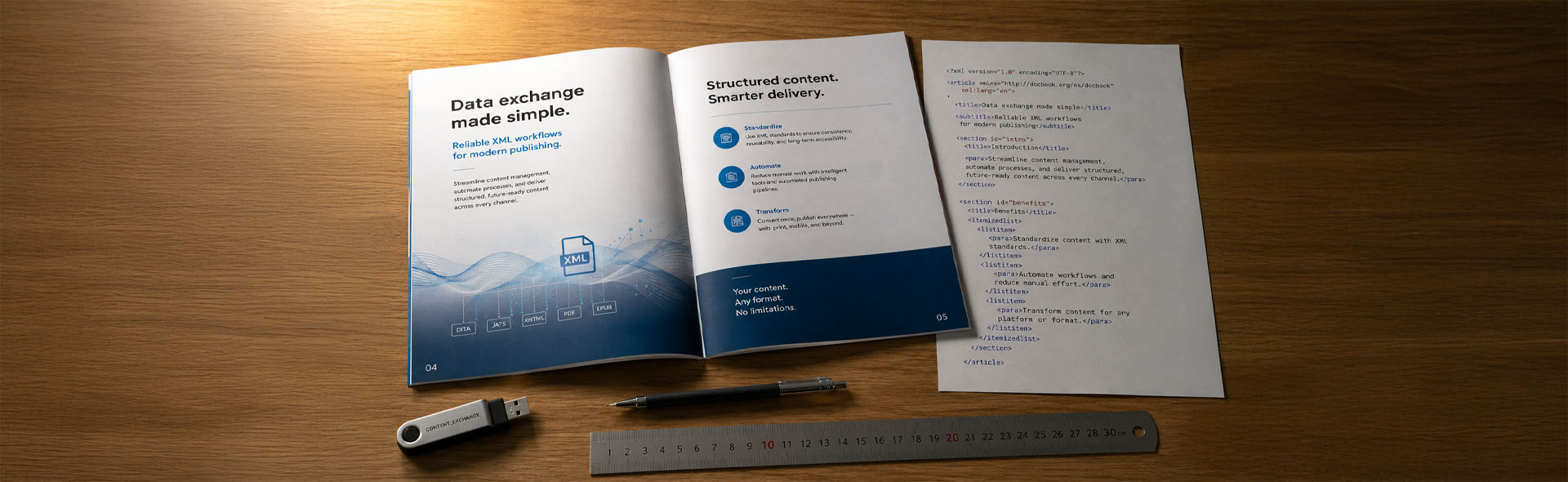 Editorial photograph of a printed InDesign spread on a light wood desk beside a USB stick, printed XML code sheet, mechanical pencil, and steel ruler, evoking structured file exchange and format conversion in a calm technical workspace.