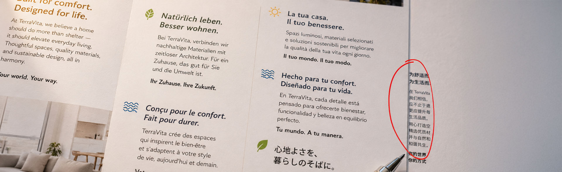 Close-up editorial photograph of a multilingual printed brochure spread on a light desk, showing text cut off mid-sentence in a right-hand column circled in red pen, with a mechanical pencil resting diagonally nearby under warm studio light.