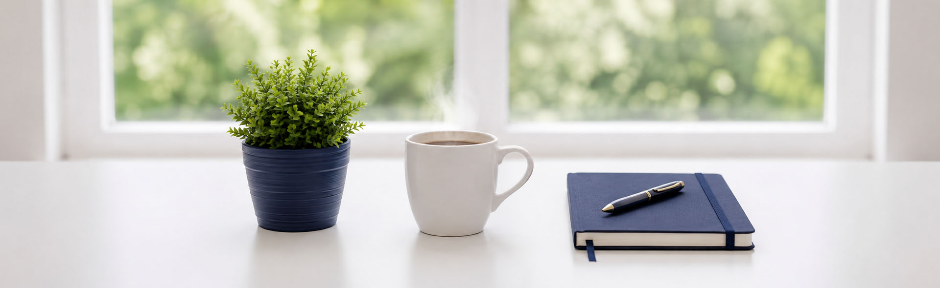 Minimal professional workspace with a plant, steaming coffee mug, notebook and pen on a clean white desk in front of a bright window, softly blurred background and shallow depth of field.