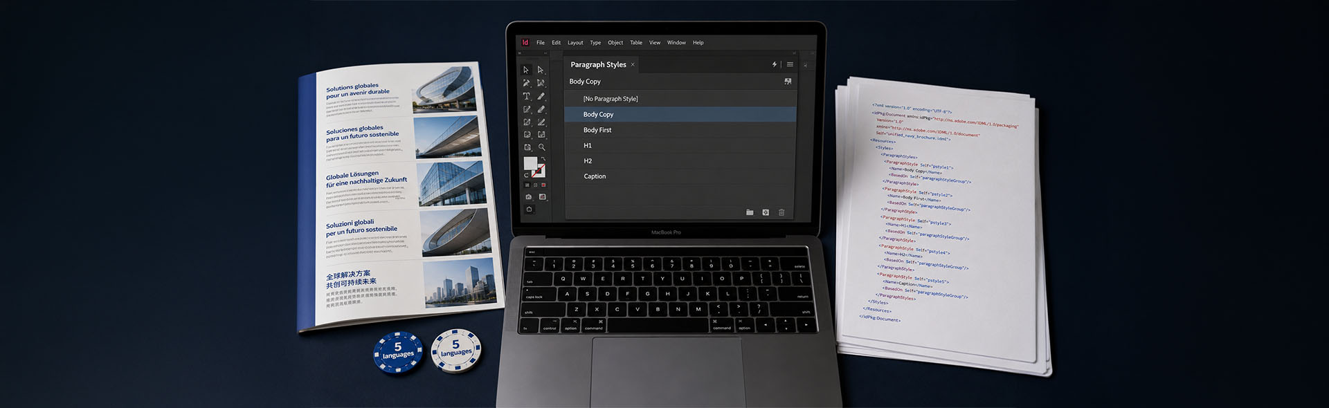 MacBook Pro displaying a structured InDesign Paragraph Styles panel beside a multilingual brochure and IDML XML printouts on a dark navy desk, illustrating professional multilingual DTP workflow.