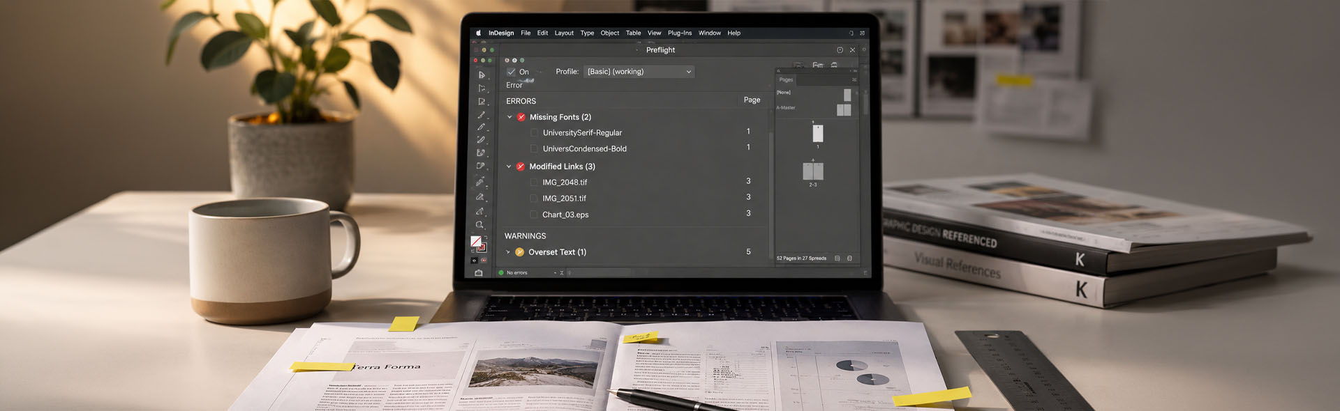 Laptop displaying Adobe InDesign Preflight panel with missing font and modified link warnings, surrounded by printed layout proofs with sticky notes, a mechanical pencil, and a steel ruler during final quality control before file delivery.