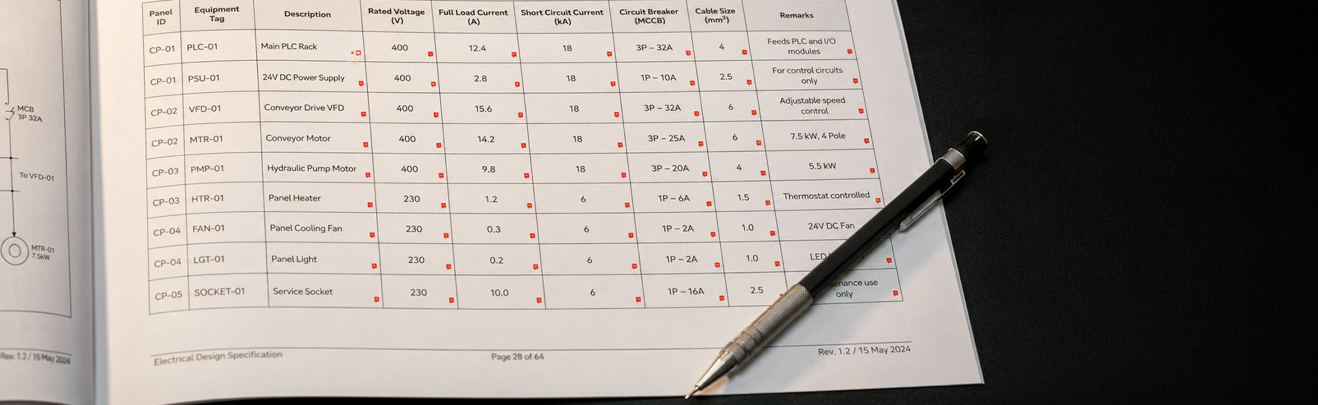 Printed InDesign technical document showing a dense multi-column data table with red overset text indicators and uneven column widths, placed on a dark charcoal desk with a steel ruler and mechanical pencil under warm studio lighting.