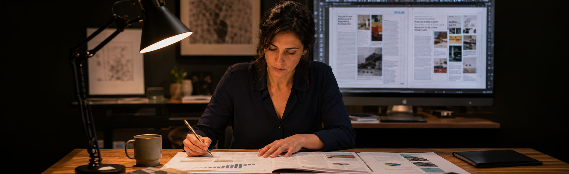 Multilingual desktop publishing professional checking translated document layouts and print proofs in Adobe InDesign before final production.