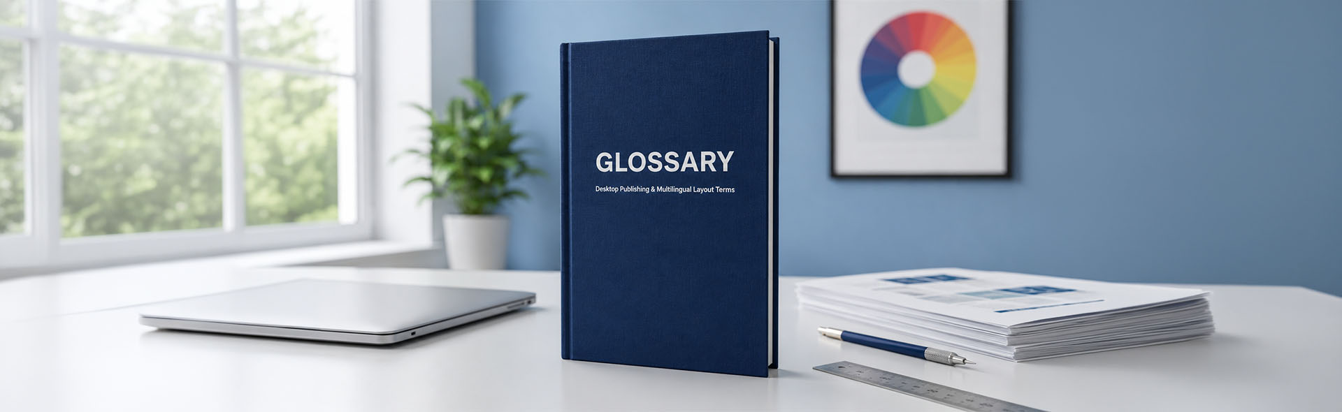 Hardcover book titled Glossary on a white table, representing a DTP glossary of desktop publishing, InDesign, and translation terms.