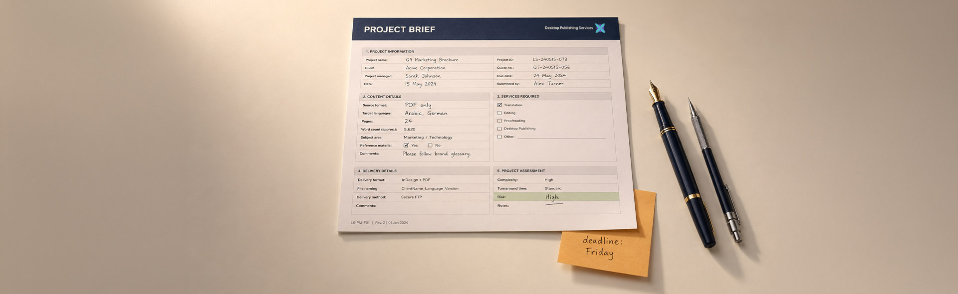 Top-down view of a DTP project brief form with handwritten PDF, Arabic, German, page count and high risk details on an off-white desk.