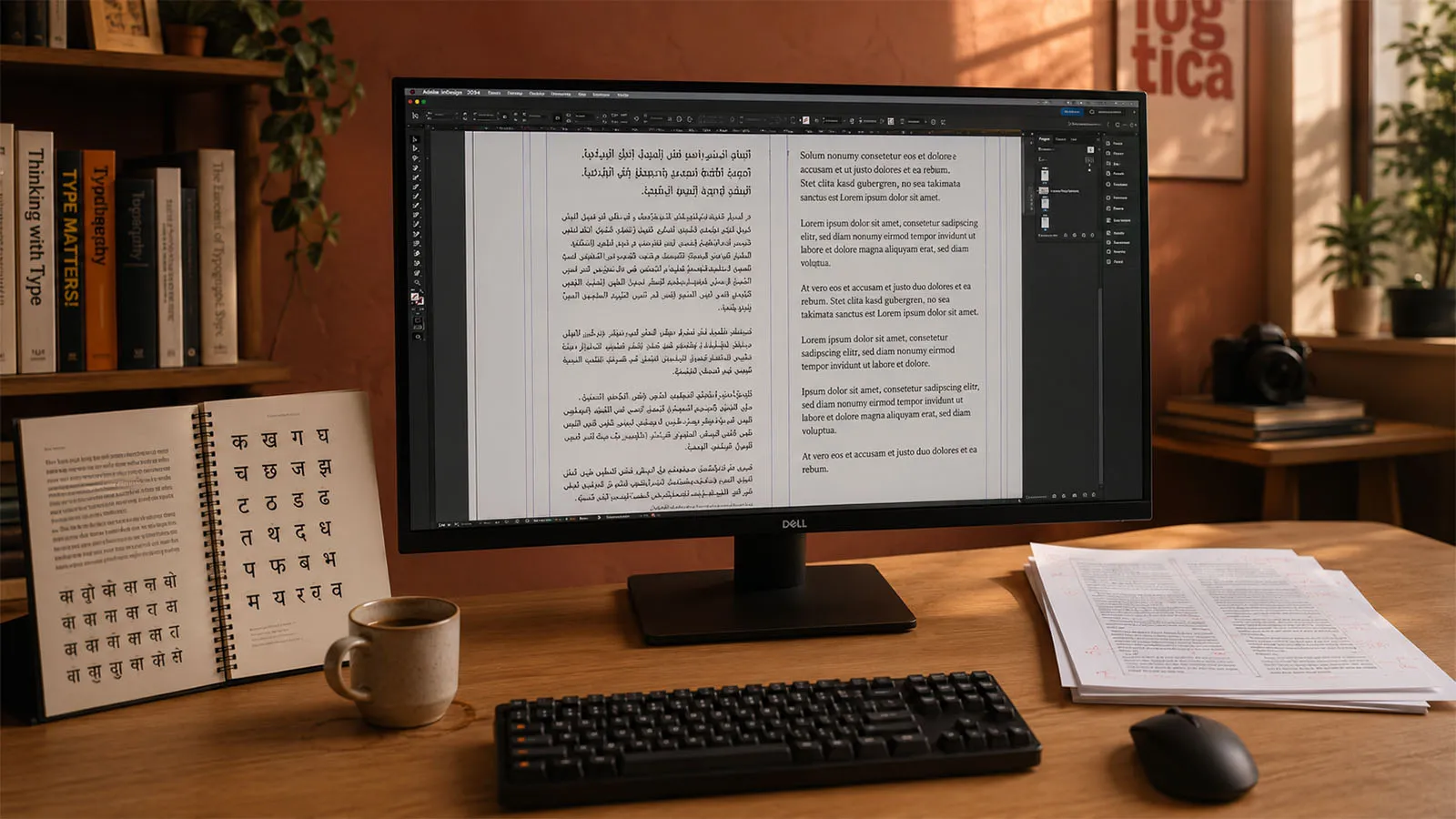 A freelance DTP and localization specialist's professional workspace, showing multilingual layout documents on screen