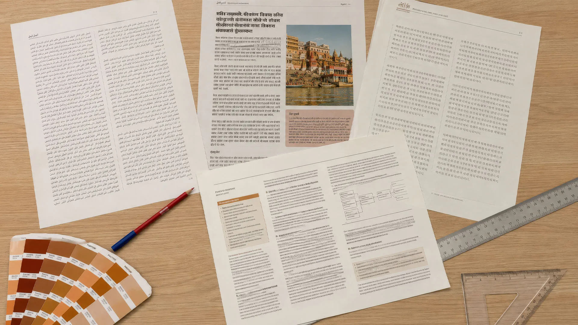 Printed documents in multiple scripts — Arabic, Devanagari, Korean and Latin — spread across a professional DTP workspace