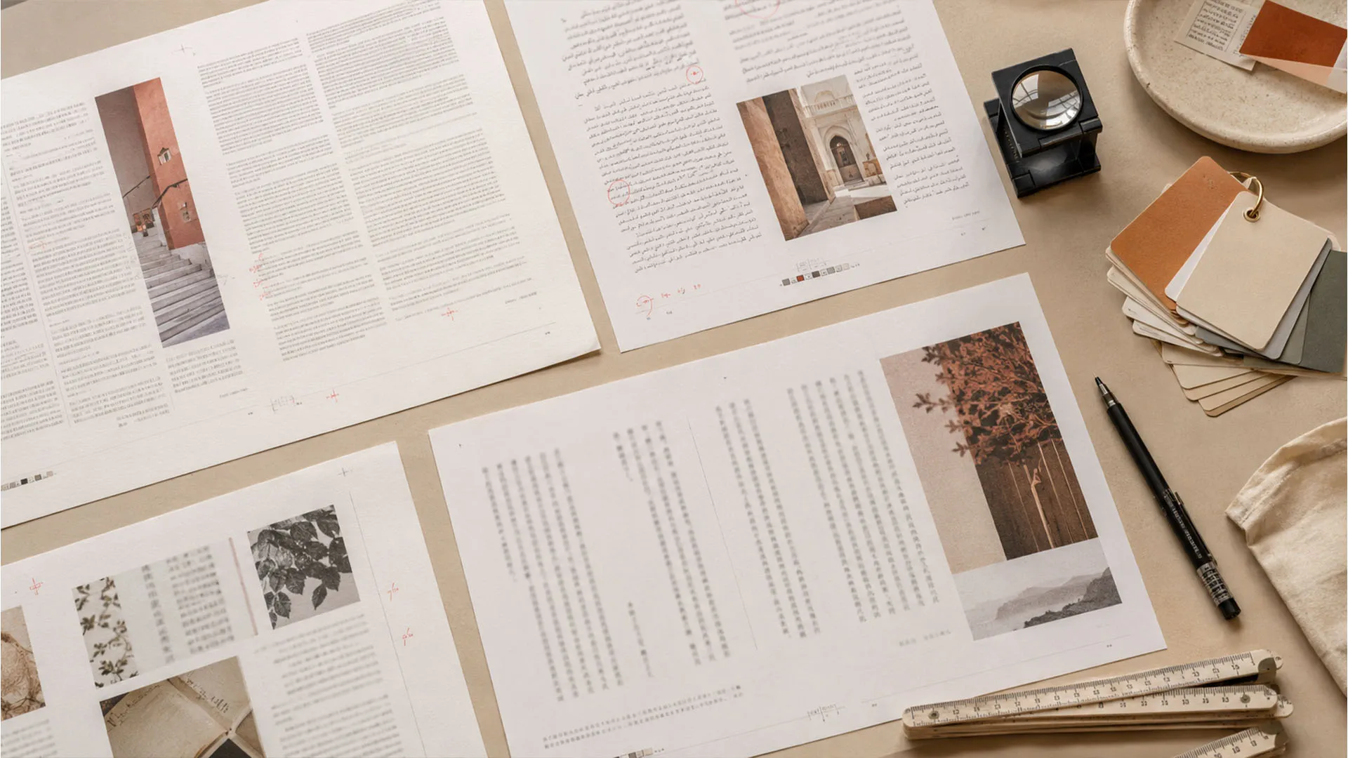 An overhead view of printed multilingual document proofs in Latin, Arabic, and East Asian scripts, with a loupe, color swatches, and proofreading marks.