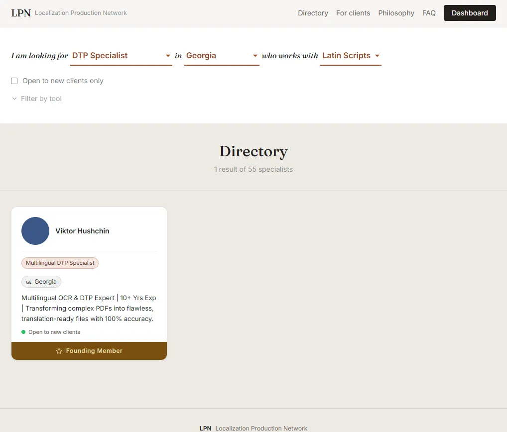 LPN directory filtering panel narrowing localization specialists by discipline, language and software