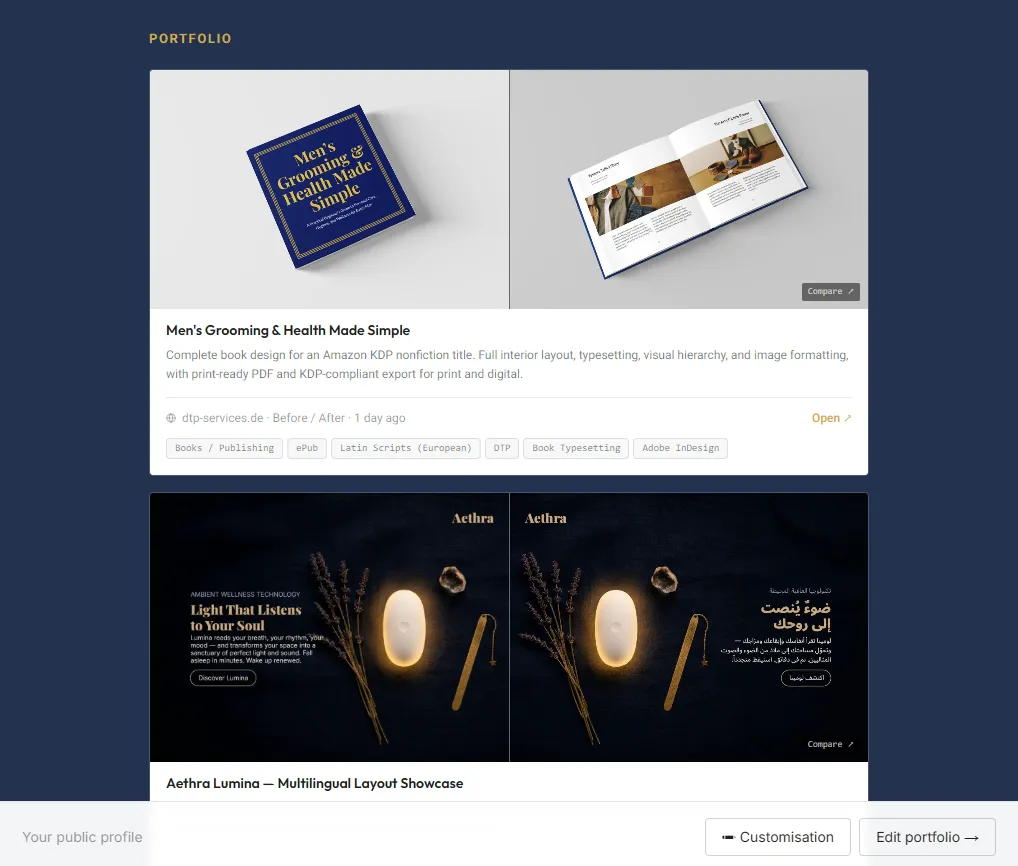 LPN specialist profile showing a portfolio of sample localization production work