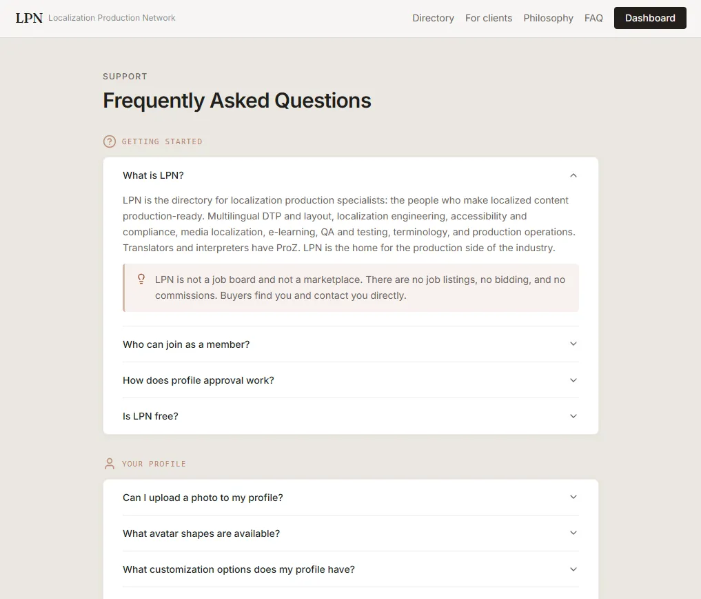 LPN FAQ page layout explaining vetting, listings and how the directory works