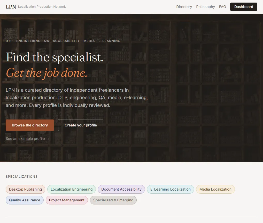 LPN — Localization Production Network homepage with directory hero and main navigation
