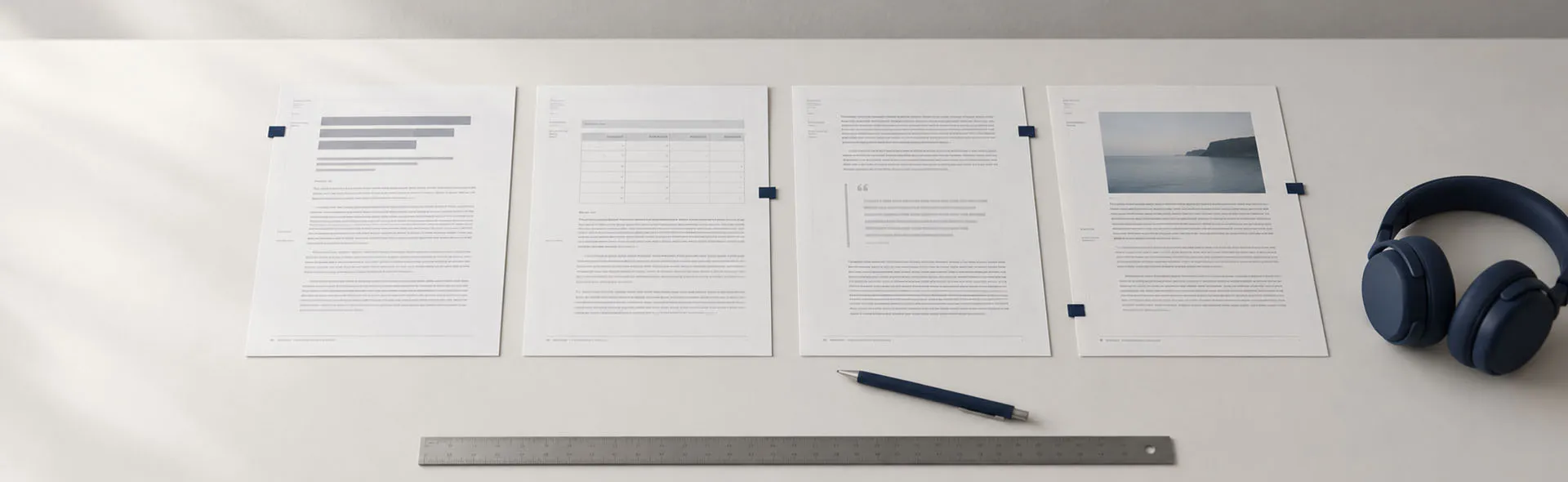 Four printed document pages with navy index flags, a mechanical pencil, ruler, and headphones on a minimalist white tabletop