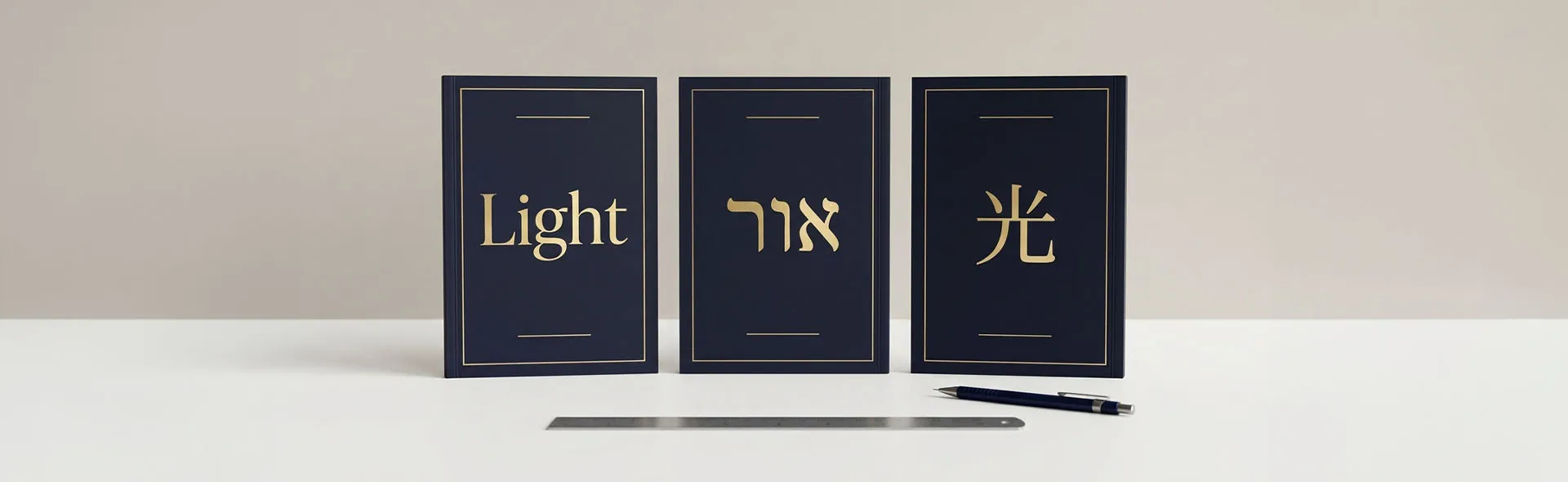 Three navy magazine covers side by side on a white table, each with the word for light in gold: English, Hebrew and Chinese.