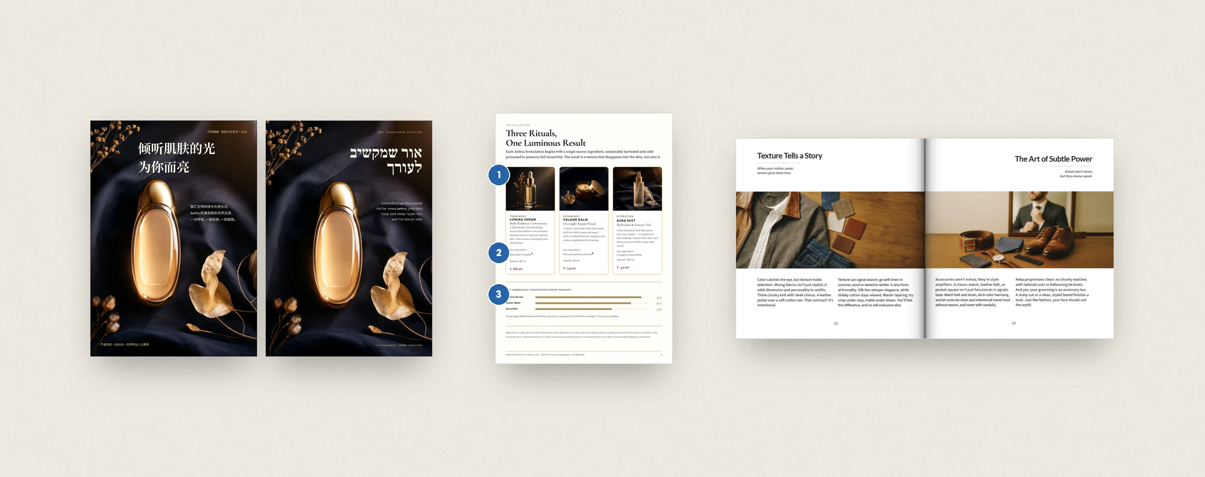 Catalogue covers in Chinese and Hebrew, a product page with numbered accessibility markers, and an open book spread, side by side on a pale background