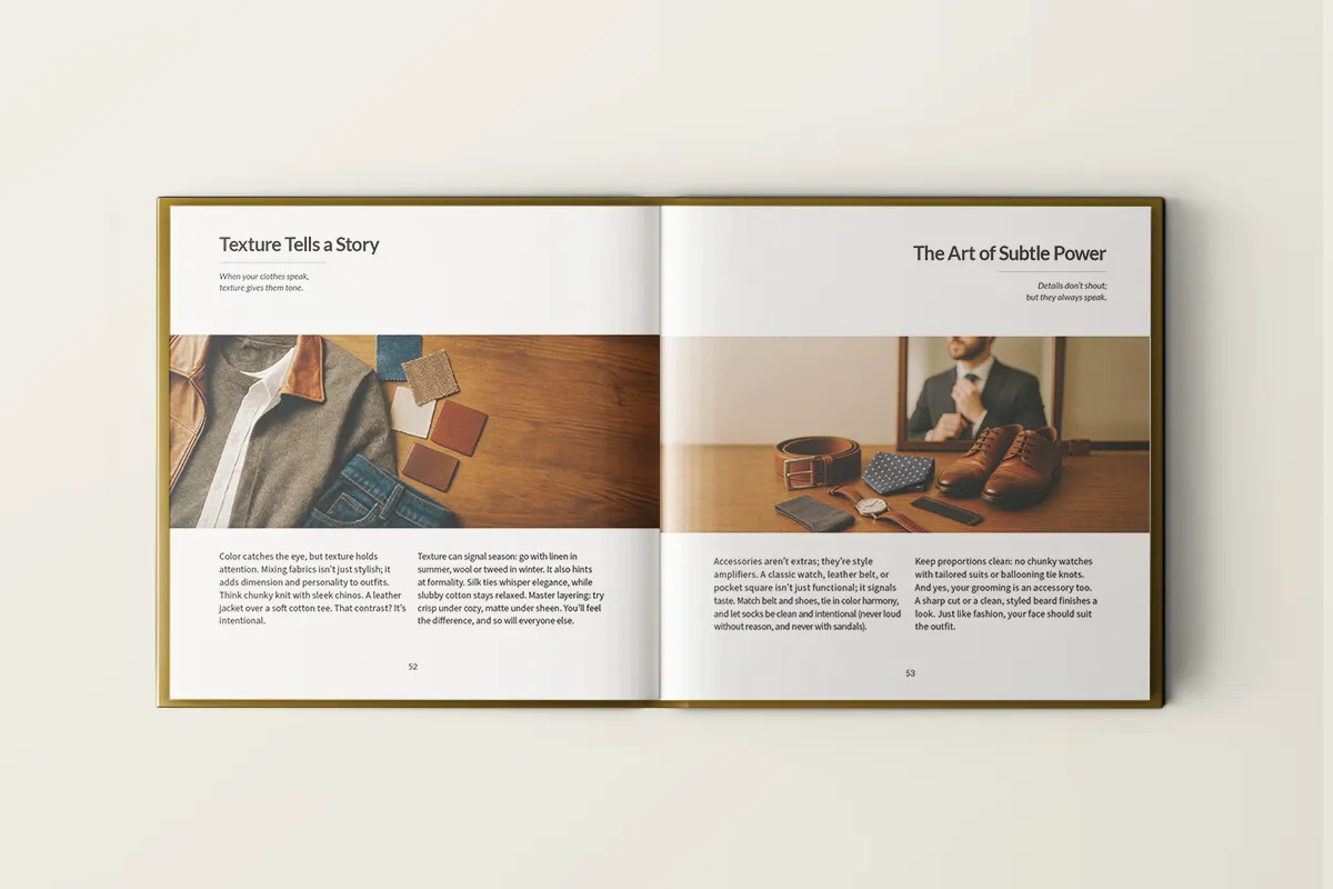 Open hardcover book showing professional interior layout and typesetting