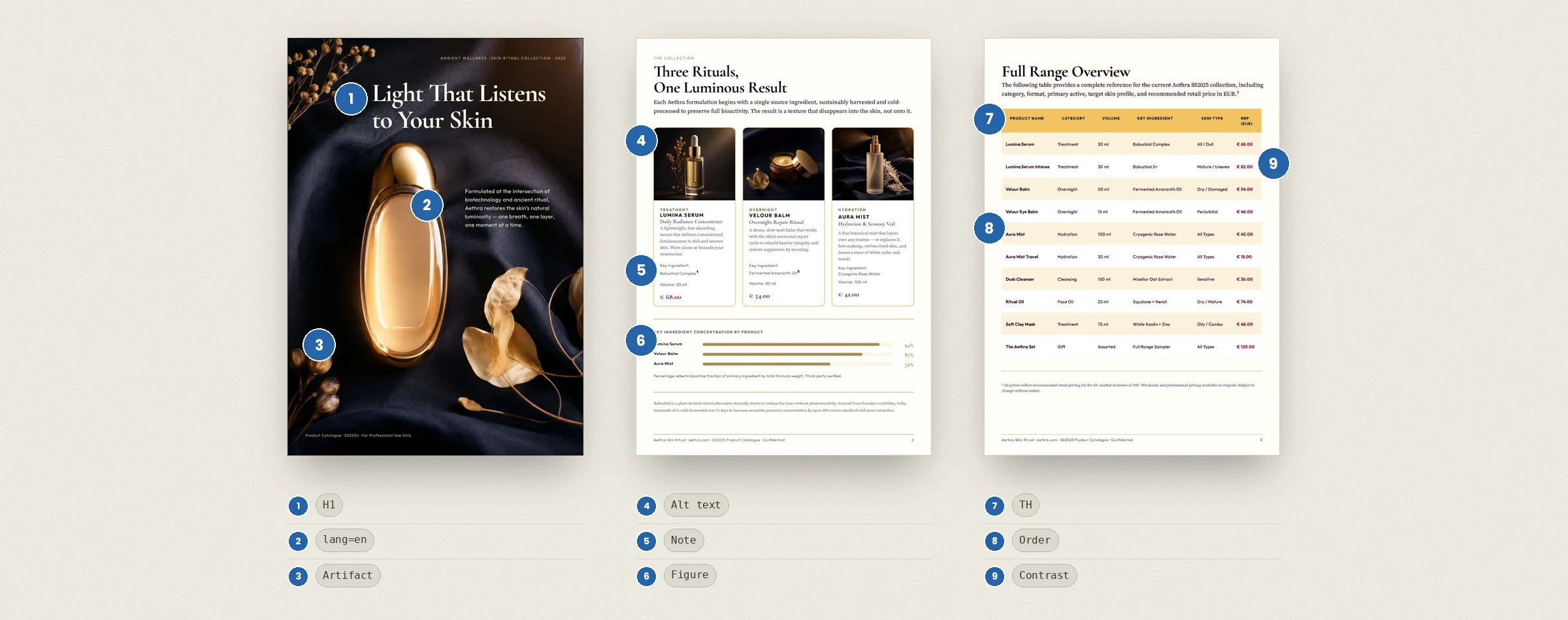 Three catalogue pages with nine numbered markers and the matching tags listed below: H1 heading, document language, artifact for a decorative image, alt text, footnote, figure, table header cells, table reading order and colour contrast