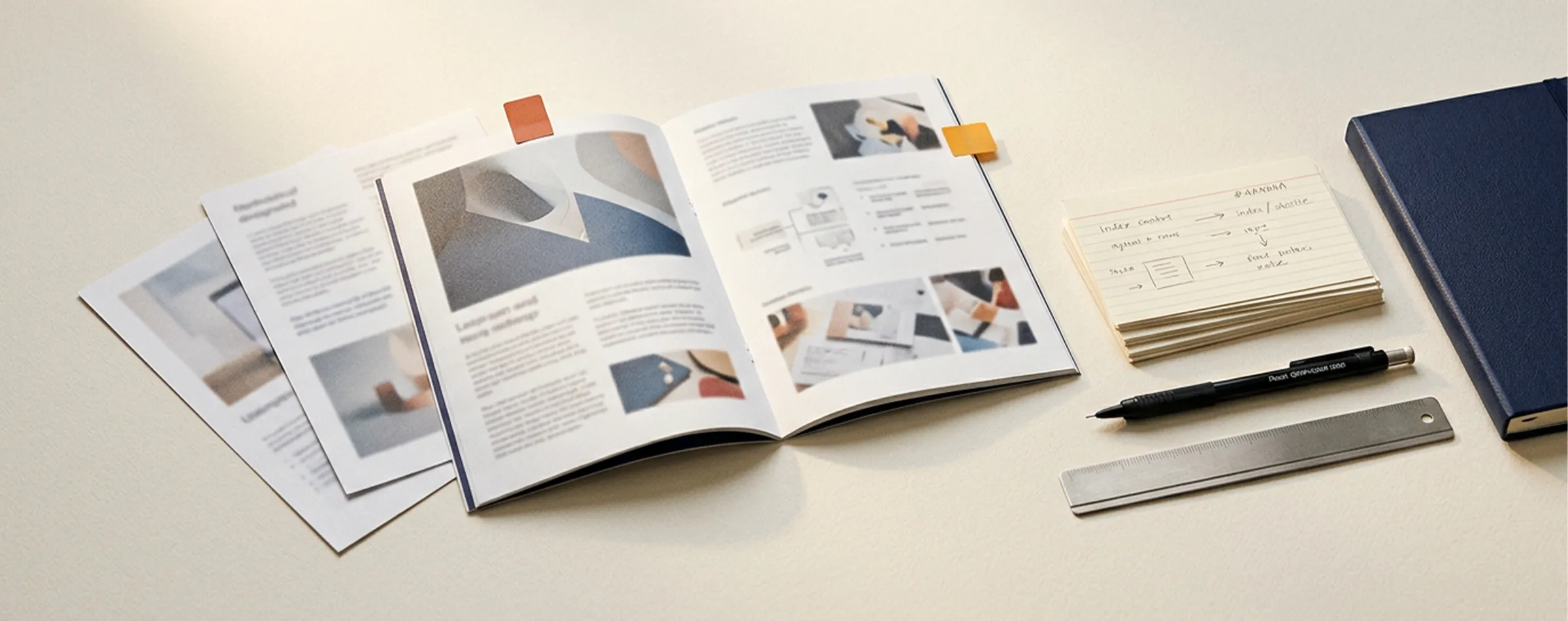 An open brochure spread on a pale desk, with loose printed pages fanned behind it, coloured tabs on the page edges, a stack of index cards with handwritten notes, a mechanical pencil, a steel ruler and a navy notebook