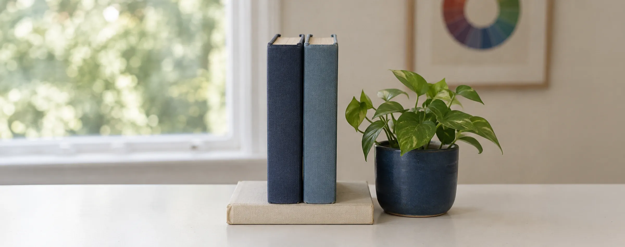 Two hardcover books standing upright on a white desk beside a small potted plant, with a bright window and a softly blurred room behind