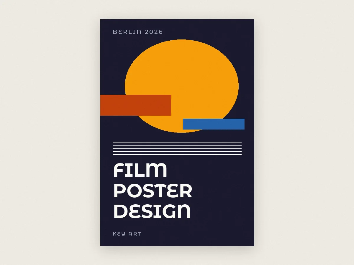 A navy film poster built from a gold circle and coloured bars, titled Film Poster Design