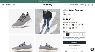 Allbirds product page design with a sticky bar explaining gift returns and a sticky chat widget meant for self-service