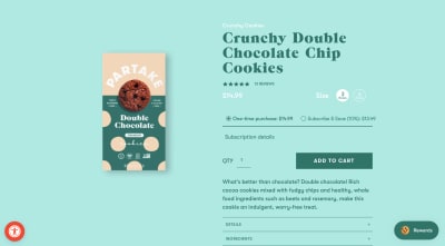 Example of how the Partake Foods website includes miniaturized and non-intrusive widgets for accessibility and rewards in its product page design